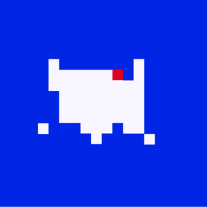 A pixel map of the US in white in a blue background, where Michigan is a red pixel