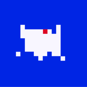 A pixel map of the US in white in a blue background, where Wisconsin is a red pixel