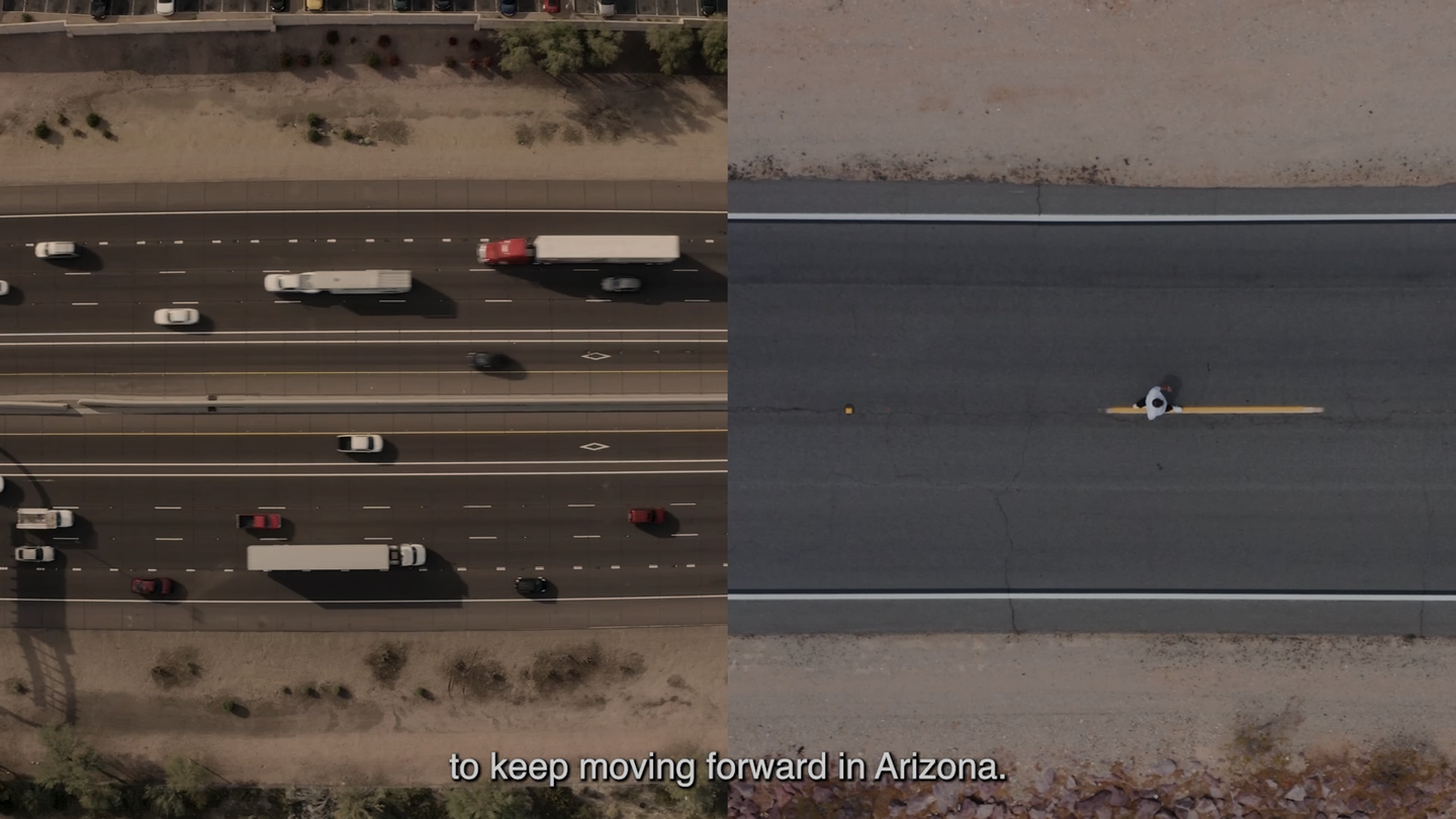 Split screen aerial images, on the left a six lane highway with cars going both directions, on the right a two lane road with a lone person in walking along the median