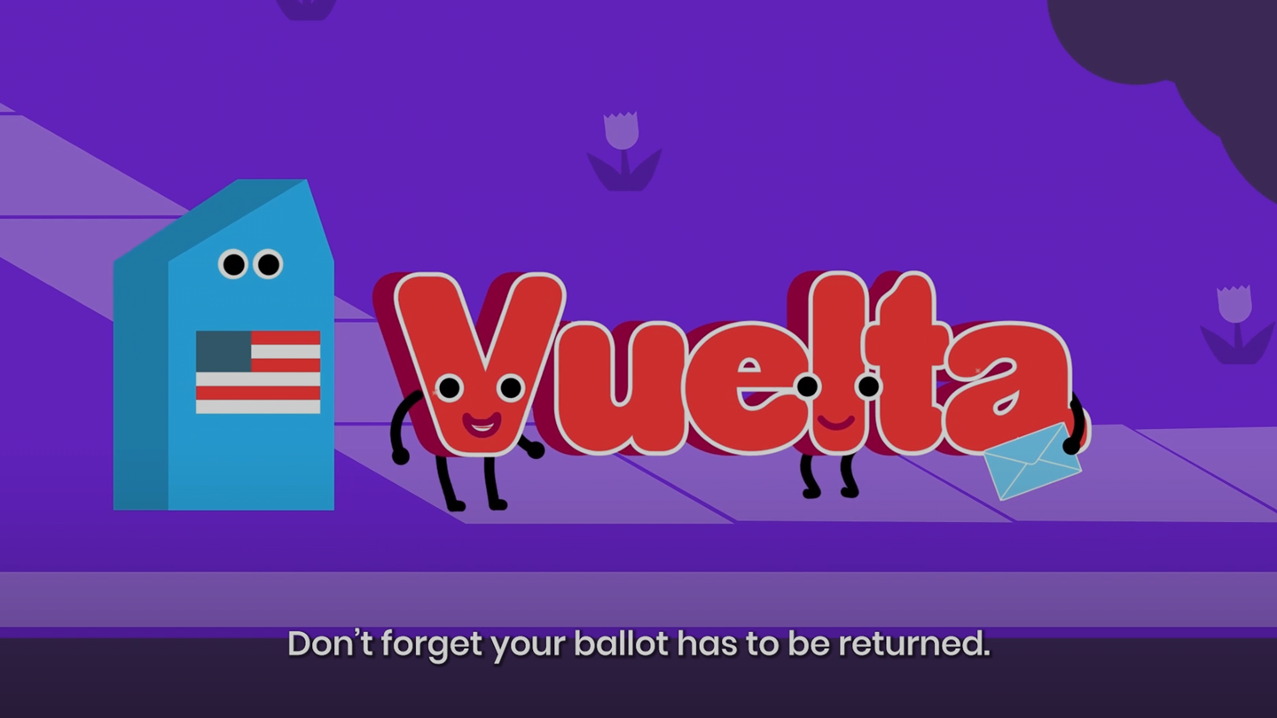 A digital illustration of a bright purple sidewalk with a cute blue mailbox with googly eyes and the word "Vuelta" next to it, with a closed caption that reads "Don't forget your ballot has to be returned."